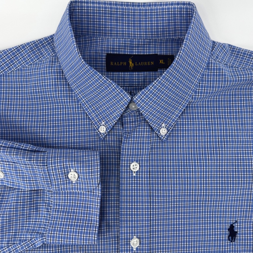 Ralph Lauren Mens XL Blue White Plaid‎ Button Down Shirt Long Sleeve Pony Logo